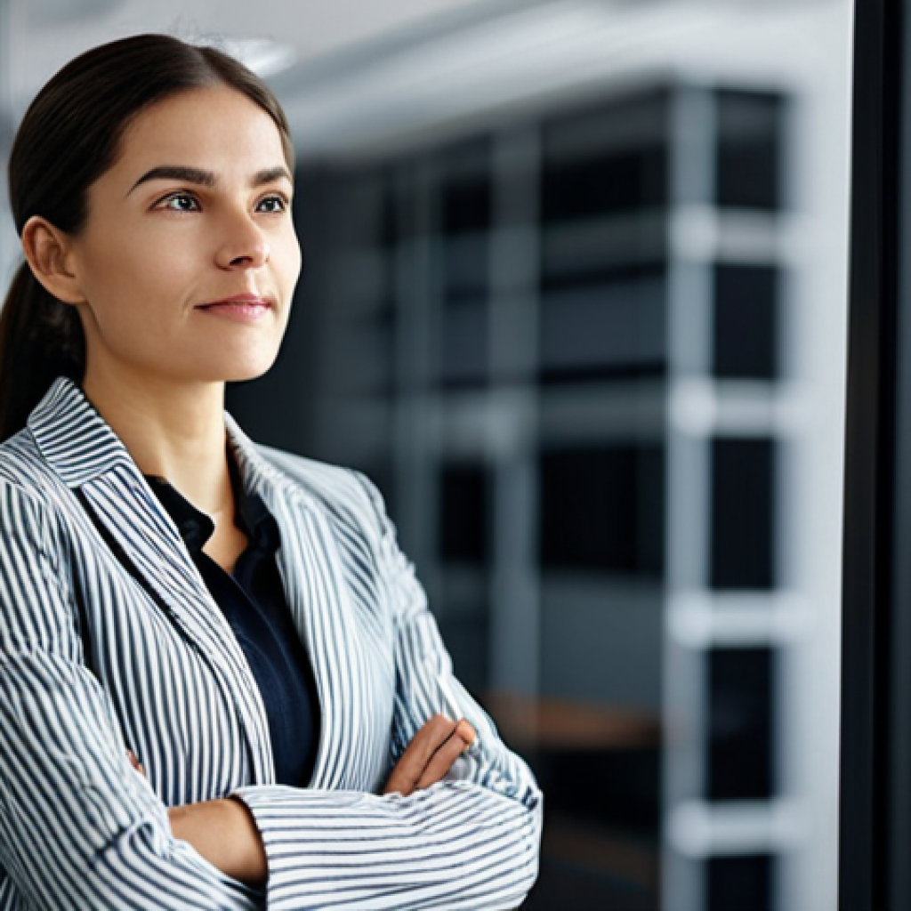 **

A woman in a professional setting, perhaps an office or co-working space, is engaging in self-reflection. She is fully clothed in modest, business-casual attire. The background is softly blurred to keep the focus on her. The scene evokes a sense of introspection and self-improvement. Safe for work, appropriate content, perfect anatomy, natural proportions, professional.

**
