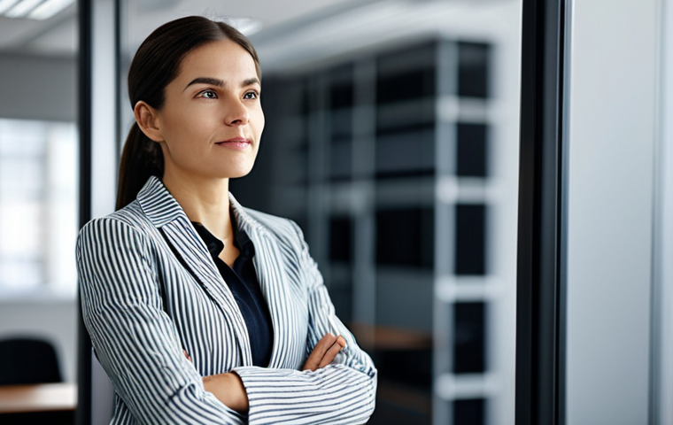 **

A woman in a professional setting, perhaps an office or co-working space, is engaging in self-reflection. She is fully clothed in modest, business-casual attire. The background is softly blurred to keep the focus on her. The scene evokes a sense of introspection and self-improvement. Safe for work, appropriate content, perfect anatomy, natural proportions, professional.

**