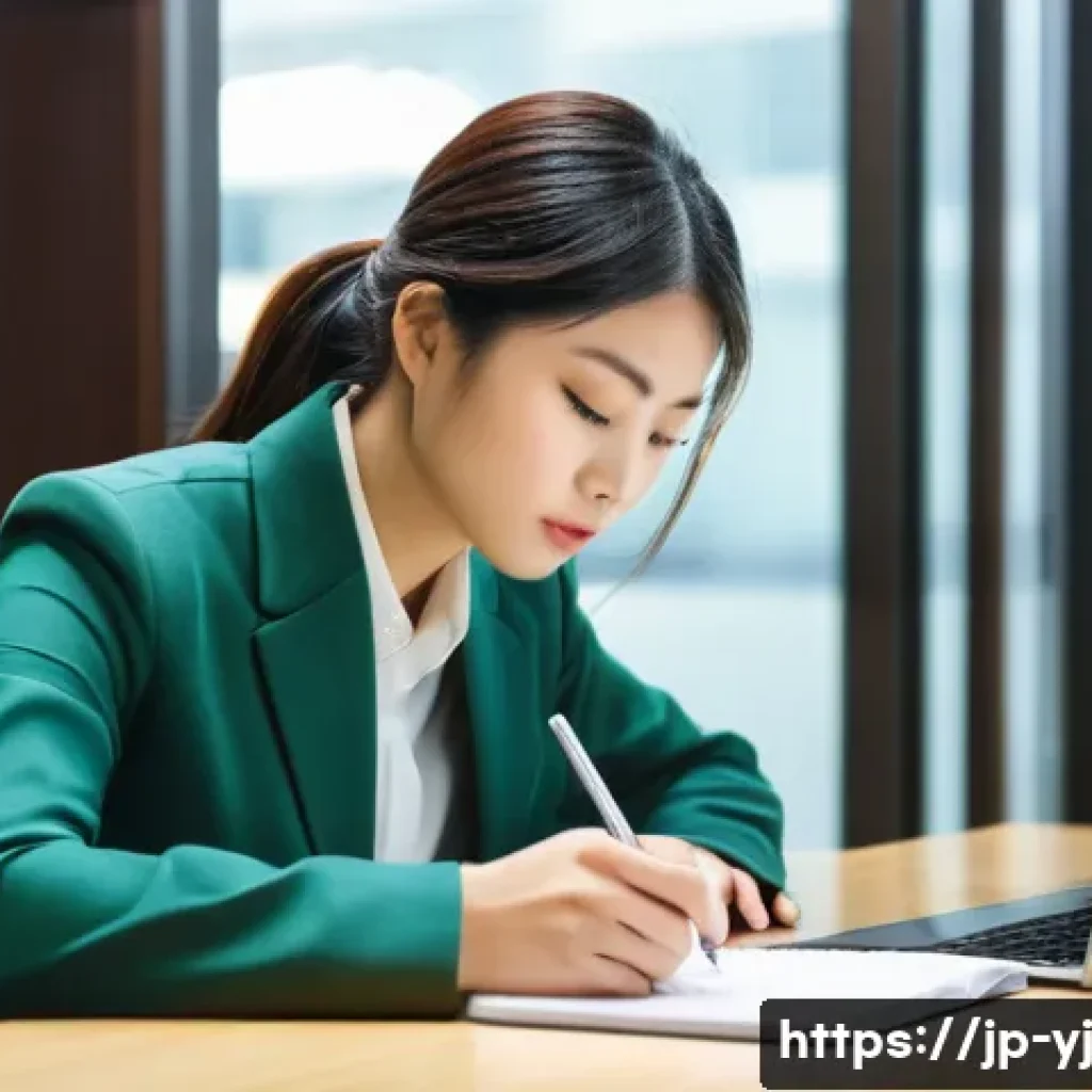 비즈니스에서의 메타인지 활용 전략 - A modern Japanese office setting with a young professional woman sitting at her desk during a short ...