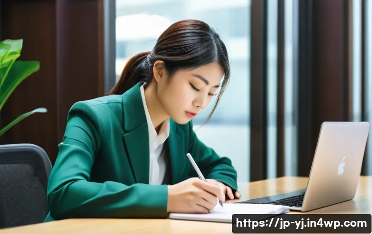 비즈니스에서의 메타인지 활용 전략 - A modern Japanese office setting with a young professional woman sitting at her desk during a short ...