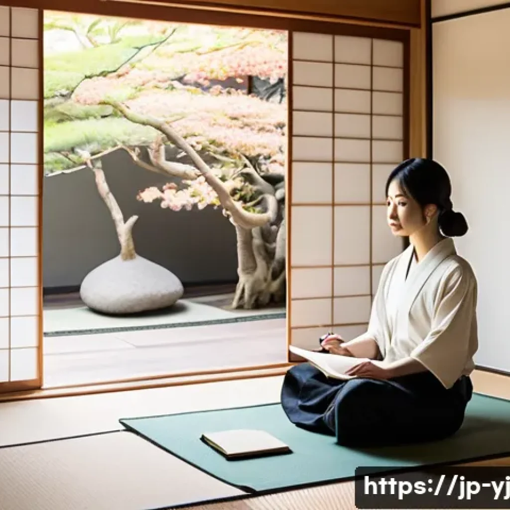 메타인지 체크리스트 만들기 - A serene Japanese-style room bathed in soft morning light, featuring a young Japanese woman in casua...