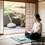 메타인지 체크리스트 만들기 - A serene Japanese-style room bathed in soft morning light, featuring a young Japanese woman in casua...