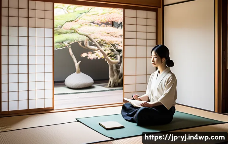 메타인지 체크리스트 만들기 - A serene Japanese-style room bathed in soft morning light, featuring a young Japanese woman in casua...