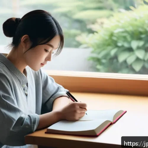 메타인지 향상을 위한 일기 쓰기 - A cozy, modern Japanese-style room softly lit by warm natural light from a window, featuring a young...