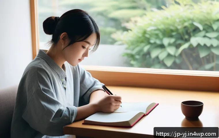 메타인지 향상을 위한 일기 쓰기 - A cozy, modern Japanese-style room softly lit by warm natural light from a window, featuring a young...