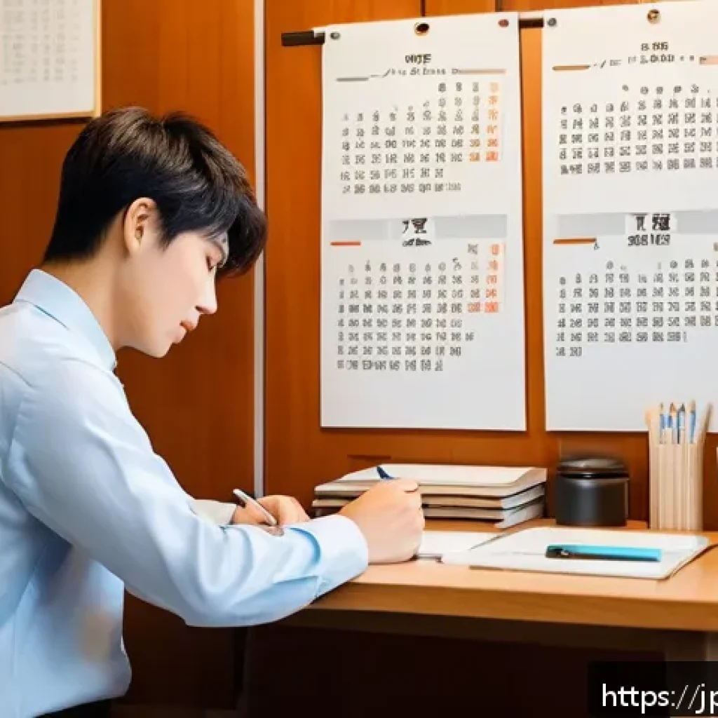 메타인지 연습의 실제 적용 - A modern Japanese office setting with a young Japanese man thoughtfully writing in a smartphone memo...