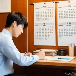 메타인지 연습의 실제 적용 - A modern Japanese office setting with a young Japanese man thoughtfully writing in a smartphone memo...