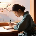 메타인지와 성격의 관계 - A serene Japanese woman sitting at a wooden desk by a window during sunset, writing thoughtfully in ...