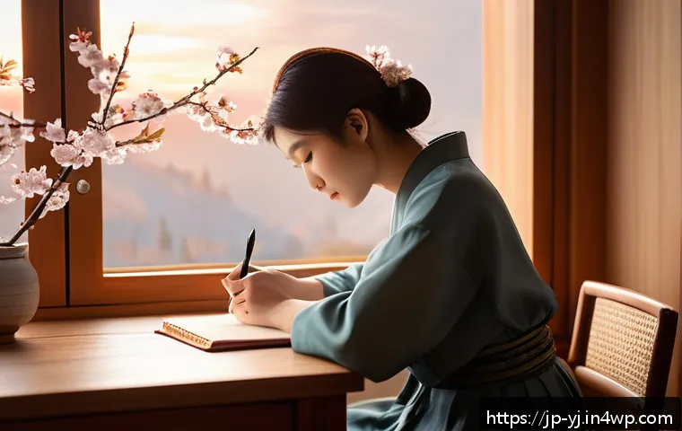 메타인지와 성격의 관계 - A serene Japanese woman sitting at a wooden desk by a window during sunset, writing thoughtfully in ...