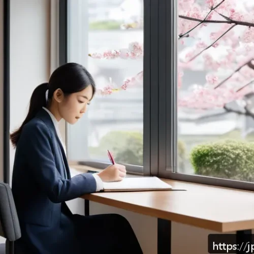메타인지 관점에서의 문제 해결 접근법 - A modern Japanese office scene featuring a young Japanese professional woman thoughtfully reflecting...