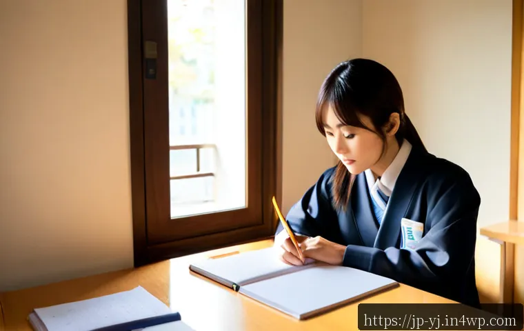 메타인지 향상 사례 분석 - Photorealistic Japanese university student at a tidy wooden desk, comparing a completed practice wor...